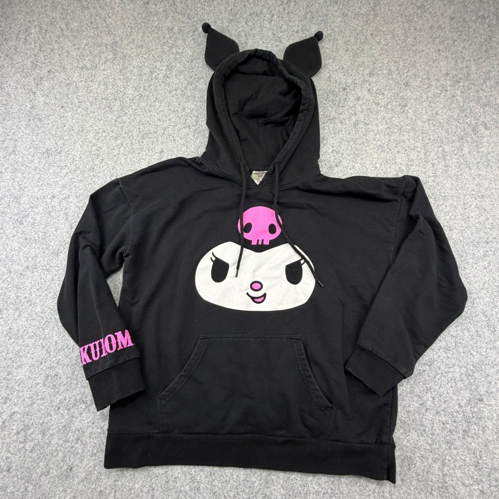 Hot Topic Kuromi Black Hoodie 3D Ears Pink Graphic Pullover Medium Fading